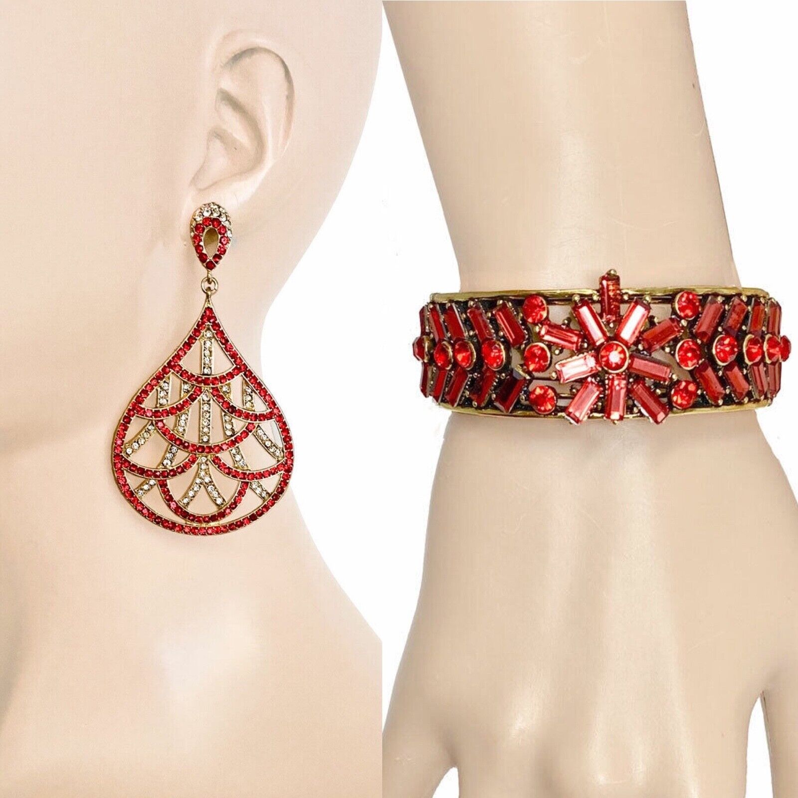 Lot- Bundle 2 Pieces Costume Jewelry Red Rhinestones Bracelet
